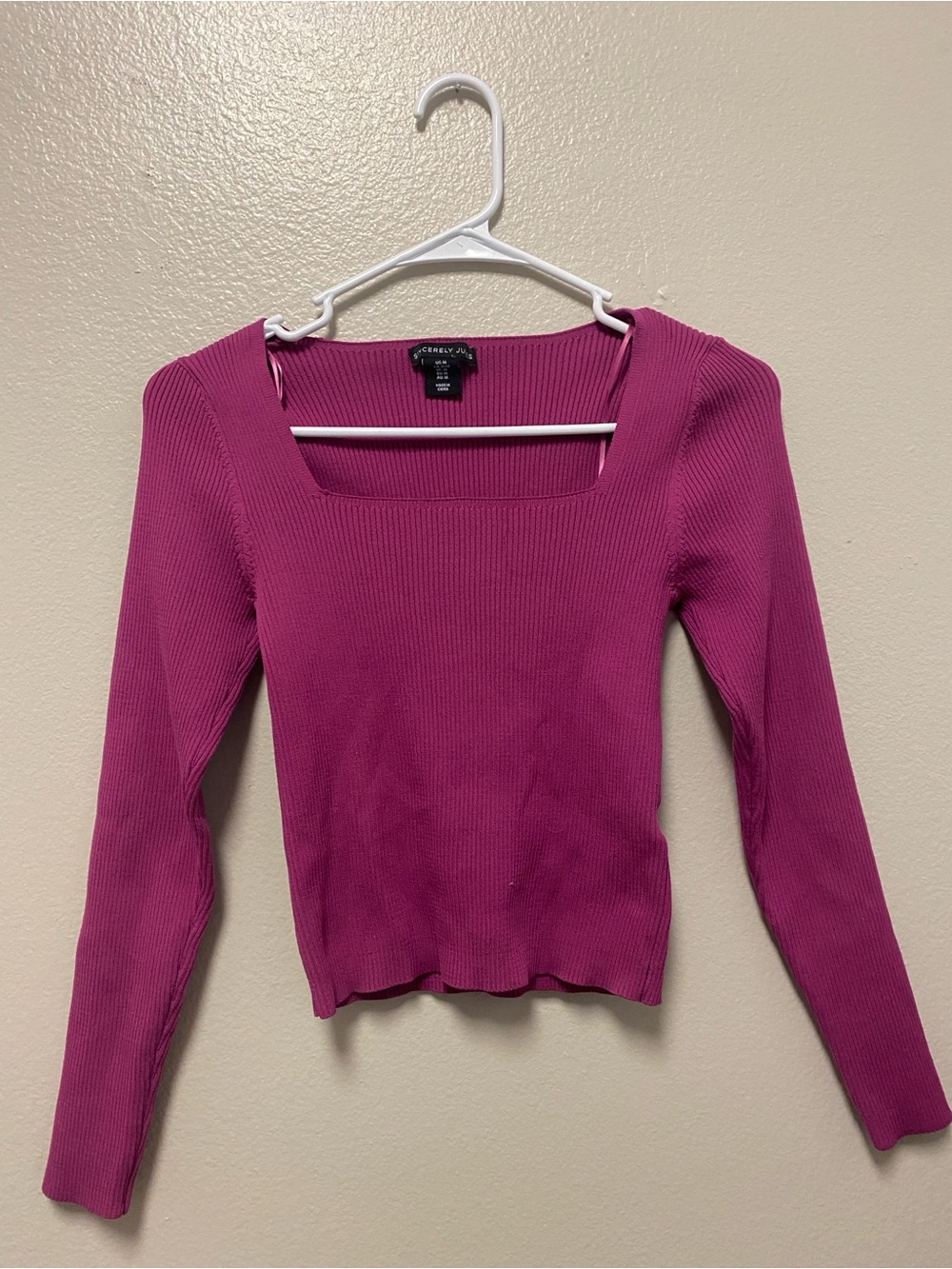 Sincerely Jules Ribbed Square-Neck Long Sleeve Top - Fuchsia